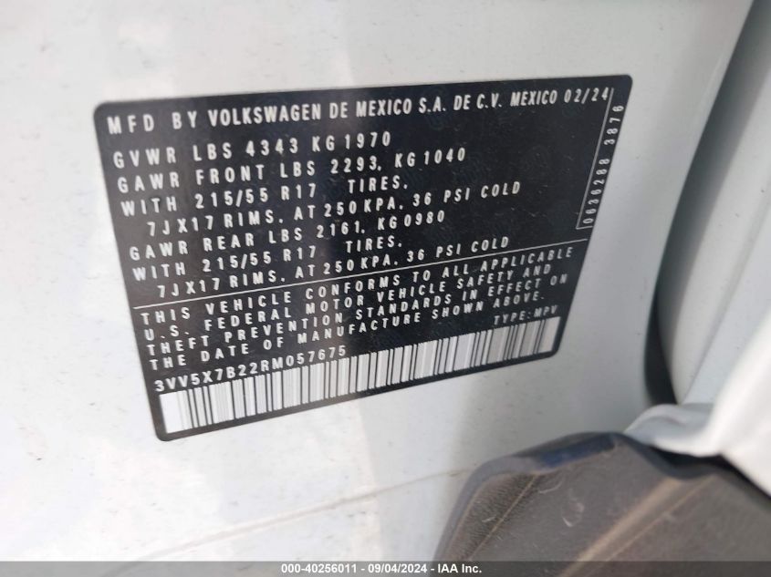 2024 Volkswagen Taos 1.5T S VIN: 3VV5X7B22RM057675 Lot: 40256011