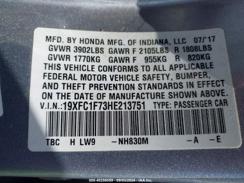 2017 Honda Civic Ex-L VIN: 19XFC1F73HE213751 Lot: 40256059