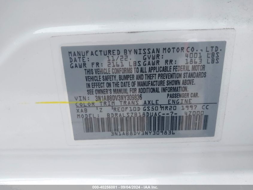 2022 Nissan Sentra Sr VIN: 3N1AB8DV3NY309836 Lot: 40256081