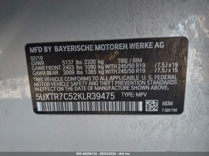 5UXTR7C52KLR39475 2019 BMW X3 Sdrive30I