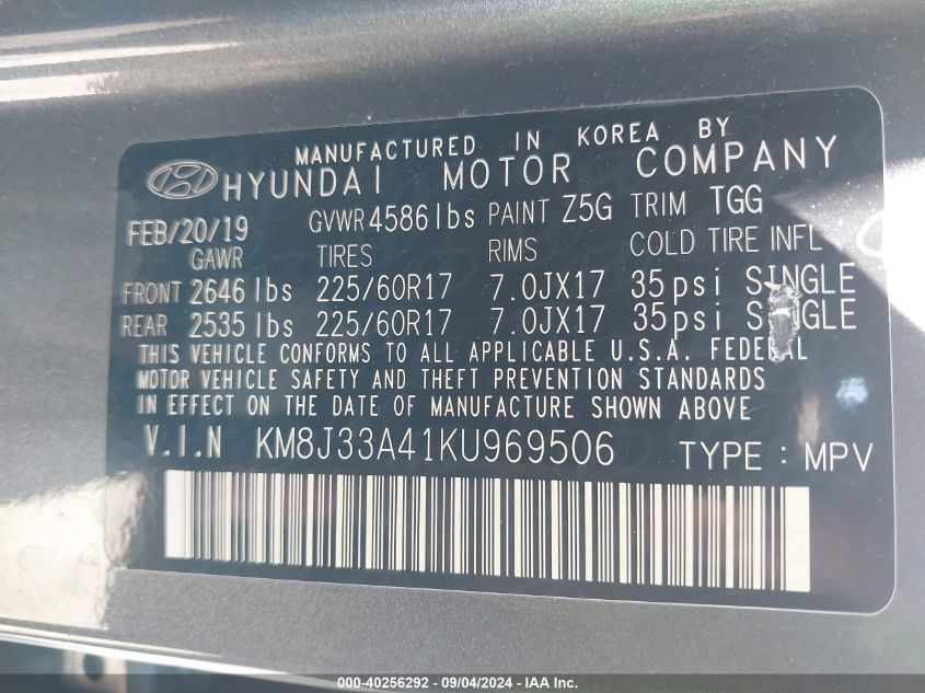 KM8J33A41KU969506 2019 Hyundai Tucson Value