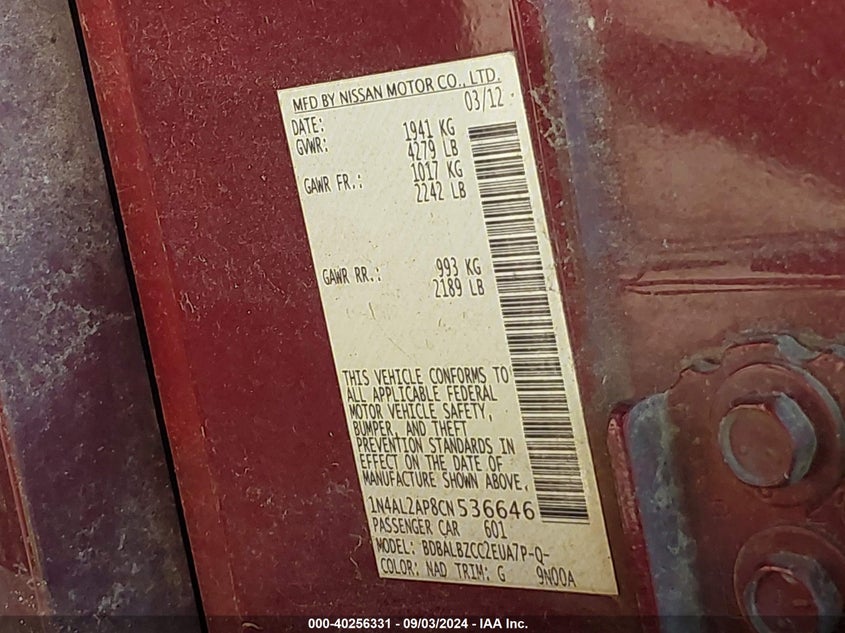 1N4AL2AP8CN536646 2012 Nissan Altima 2.5 S