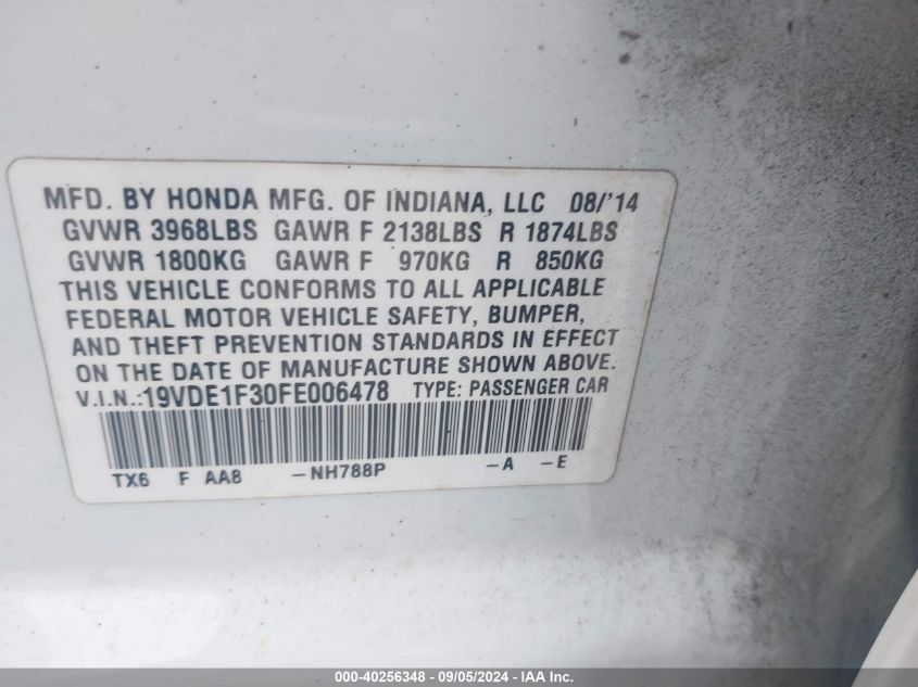 19VDE1F30FE006478 2015 Acura Ilx 2.0L