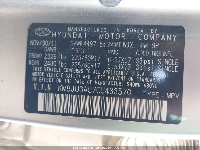 2012 Hyundai Tucson Gls VIN: KM8JU3AC7CU433570 Lot: 40256370