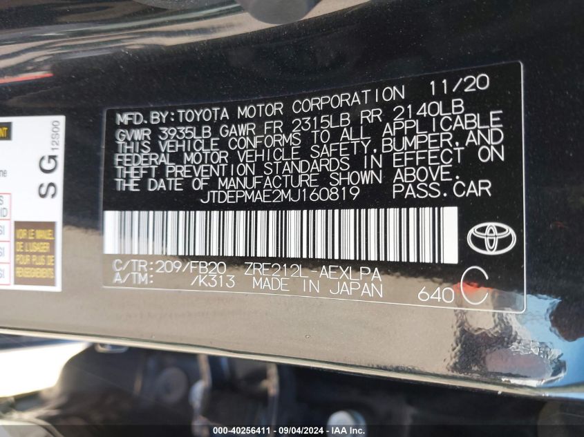 2021 TOYOTA COROLLA LE - JTDEPMAE2MJ160819