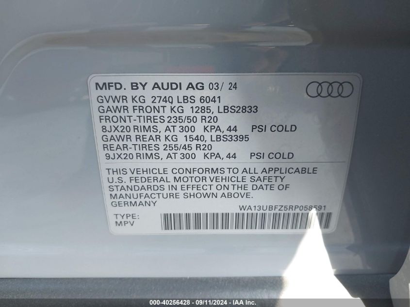 2024 Audi Q4 Sportback E-Tron Premium Plus 55 Quattro VIN: WA13UBFZ5RP058591 Lot: 40256428