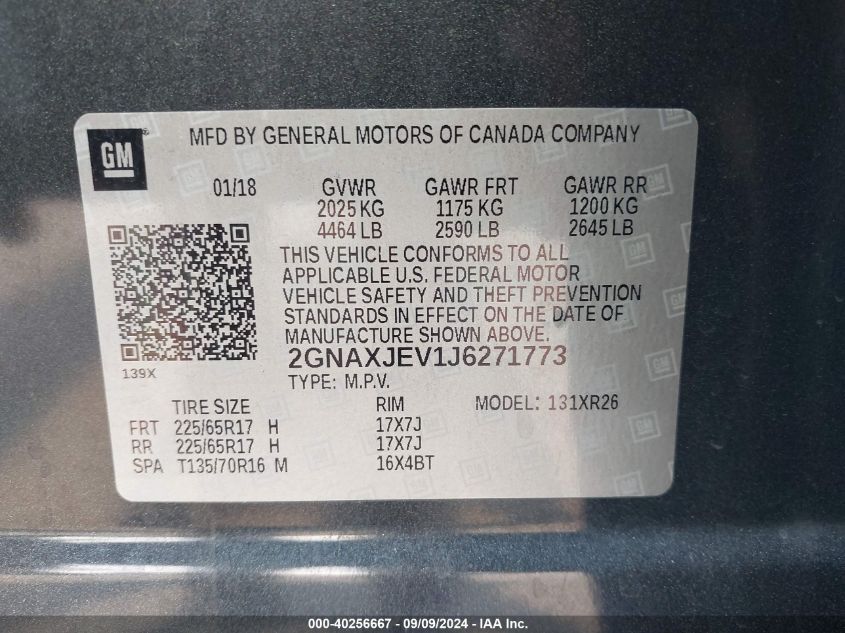 2GNAXJEV1J6271773 2018 Chevrolet Equinox Lt