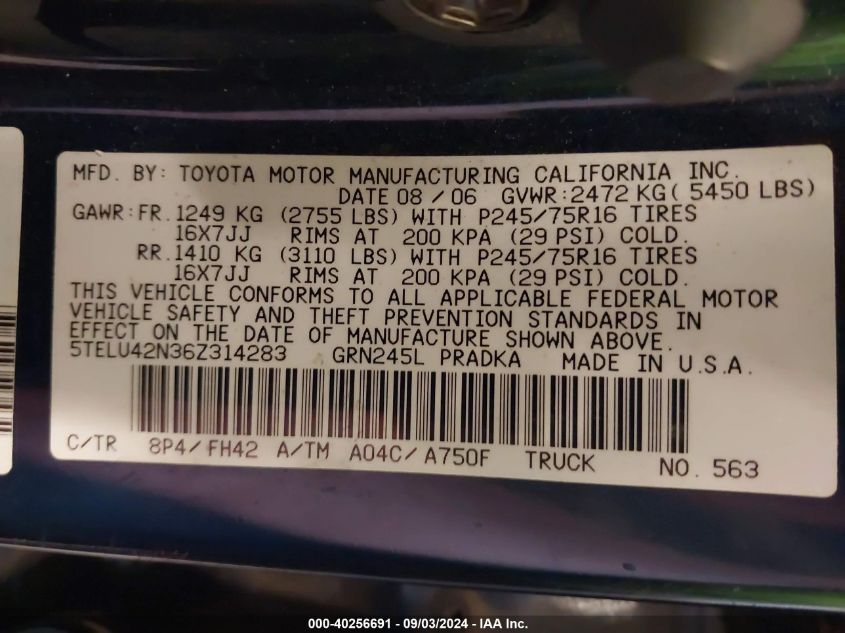2006 Toyota Tacoma Base V6 VIN: 5TELU42N36Z314283 Lot: 40256691