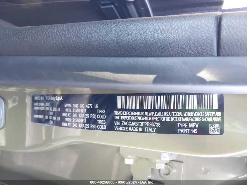 2015 Jeep Renegade Latitude VIN: ZACCJABT3FPB93738 Lot: 40256800