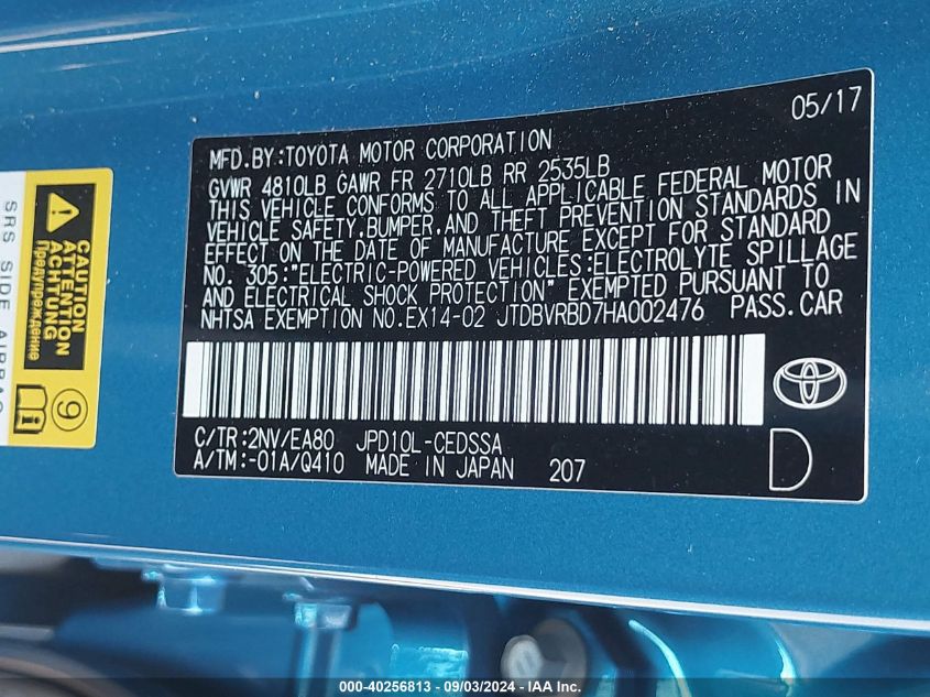 JTDBVRBD7HA002476 2017 Toyota Mirai