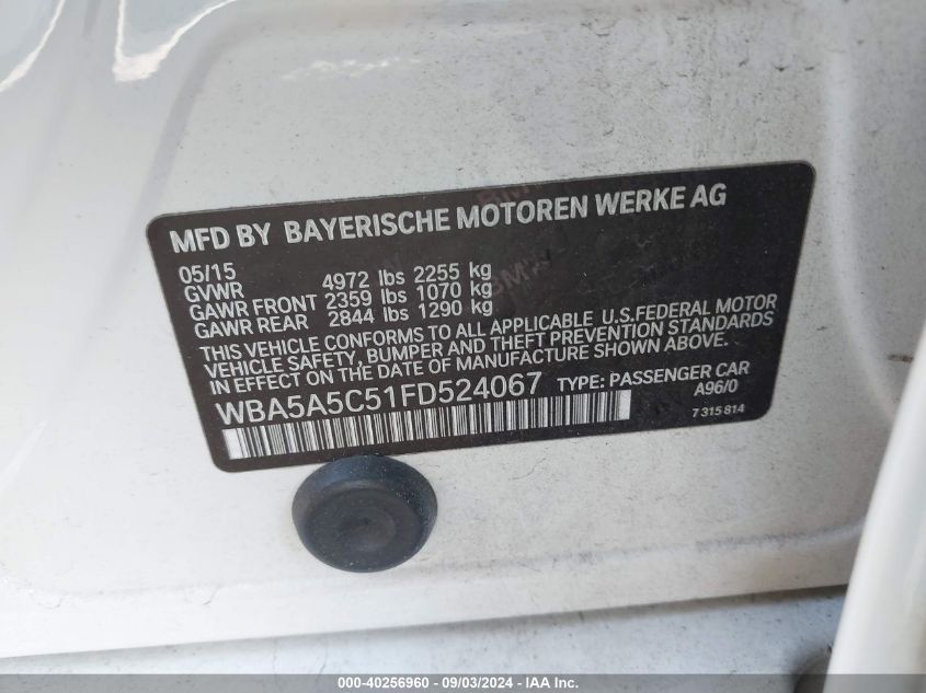 VIN WBA5A5C51FD524067 2015 BMW 5 Series, 528I no.9