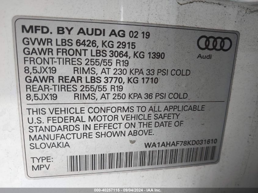 WA1AHAF78KD031610 2019 Audi Q7 45 Se Premium