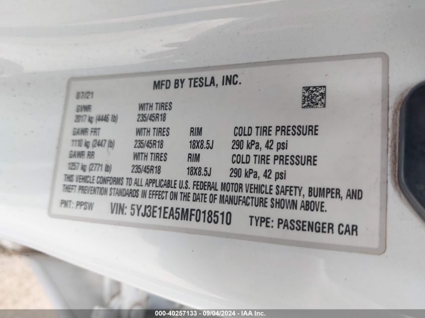 2021 Tesla Model 3 Standard Range Plus Rear-Wheel Drive VIN: 5YJ3E1EA5MF018510 Lot: 40257133