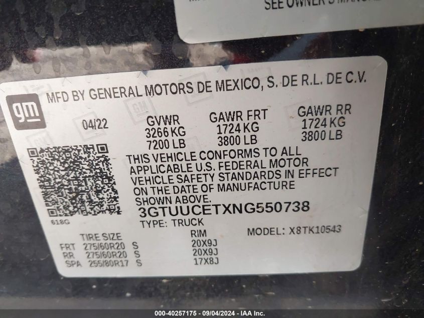 3GTUUCETXNG550738 2022 GMC Sierra 1500 K1500 Elevation