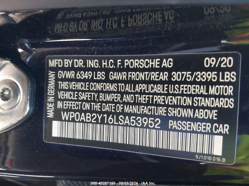 2020 Porsche Taycan 4S VIN: WP0AB2Y16LSA53952 Lot: 40257188