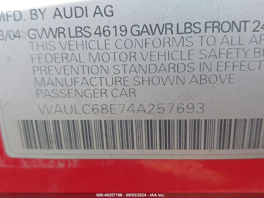 2004 Audi A4 1.8T VIN: WAULC68E74A257693 Lot: 40257196