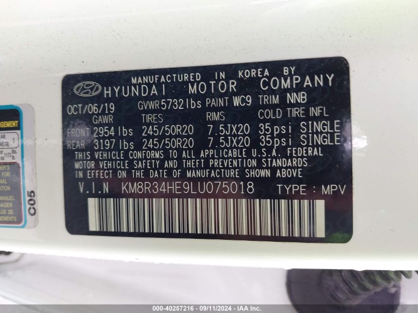 2020 Hyundai Palisade Sel VIN: KM8R34HE9LU075018 Lot: 40257216