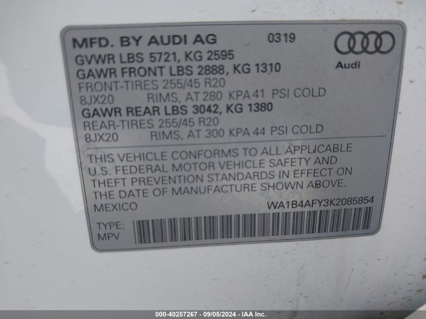 2019 Audi Sq5 Premium Plus VIN: WA1B4AFY3K2085854 Lot: 40257267