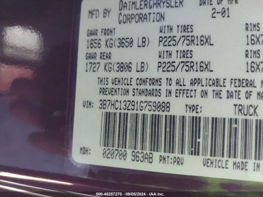2001 Dodge Ram 1500 VIN: 3B7HC13Z91G759088 Lot: 40257270