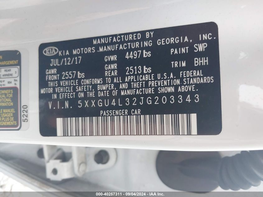 2018 KIA OPTIMA EX - 5XXGU4L32JG203343