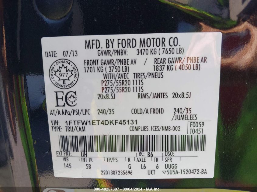 2013 Ford F-150 Fx4 VIN: 1FTFW1ET4DKF45131 Lot: 40257397