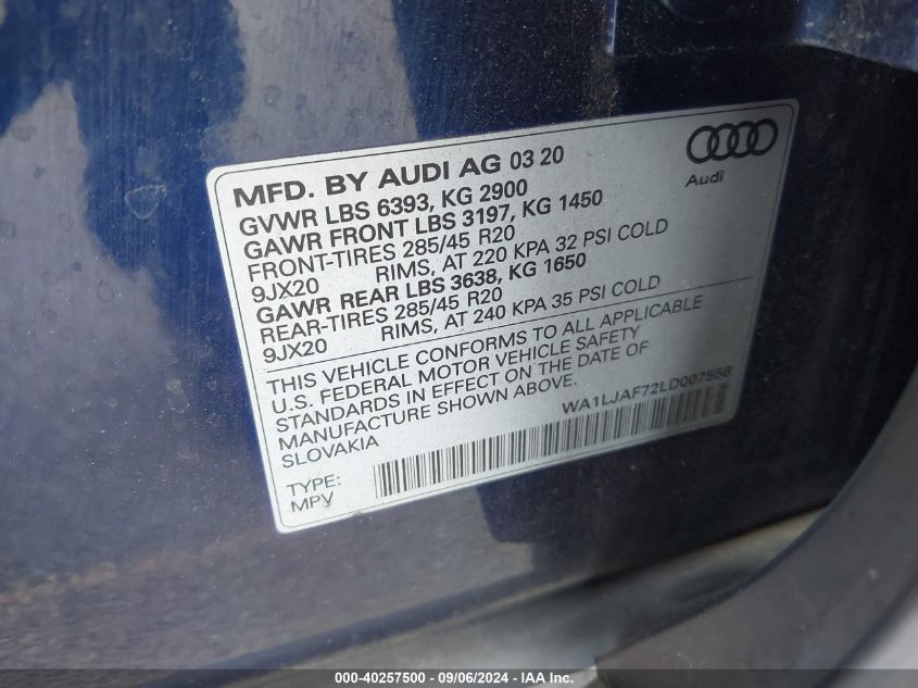 WA1LJAF72LD007558 2020 Audi Q7 Premium Plus 45 Tfsi Quattro Tiptronic