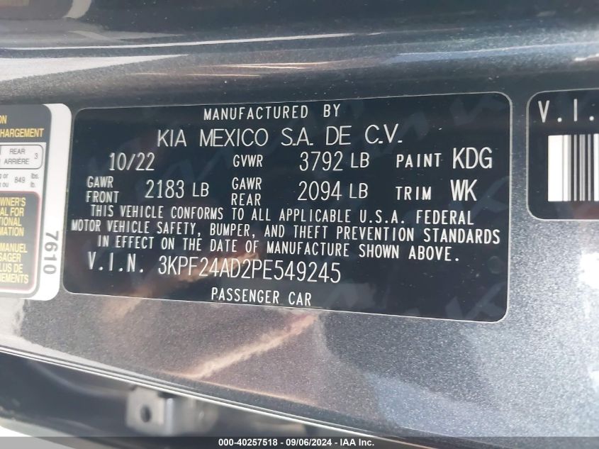 2023 Kia Forte Lxs VIN: 3KPF24AD2PE549245 Lot: 40257518