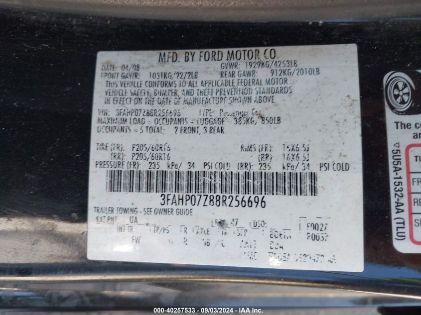 2008 Ford Fusion Se VIN: 3FAHP07Z88R256696 Lot: 40257533