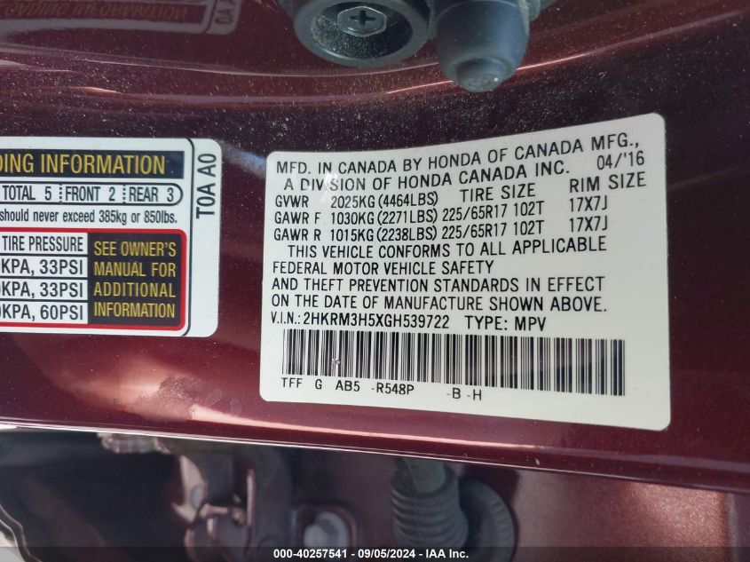 2HKRM3H5XGH539722 2016 Honda Cr-V Ex