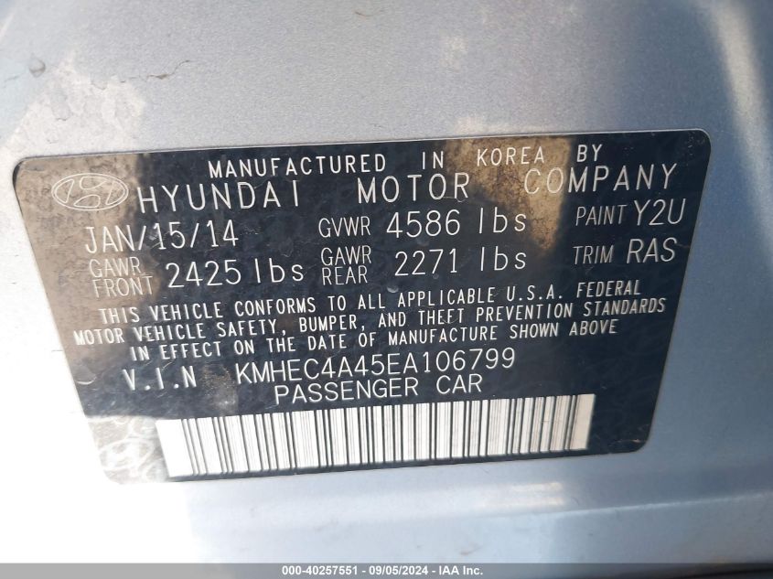 2014 Hyundai Sonata Hybrid Limited VIN: KMHEC4A45EA106799 Lot: 40257551