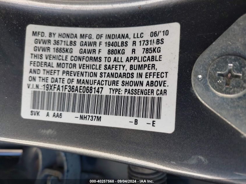 19XFA1F36AE068147 2010 Honda Civic Vp