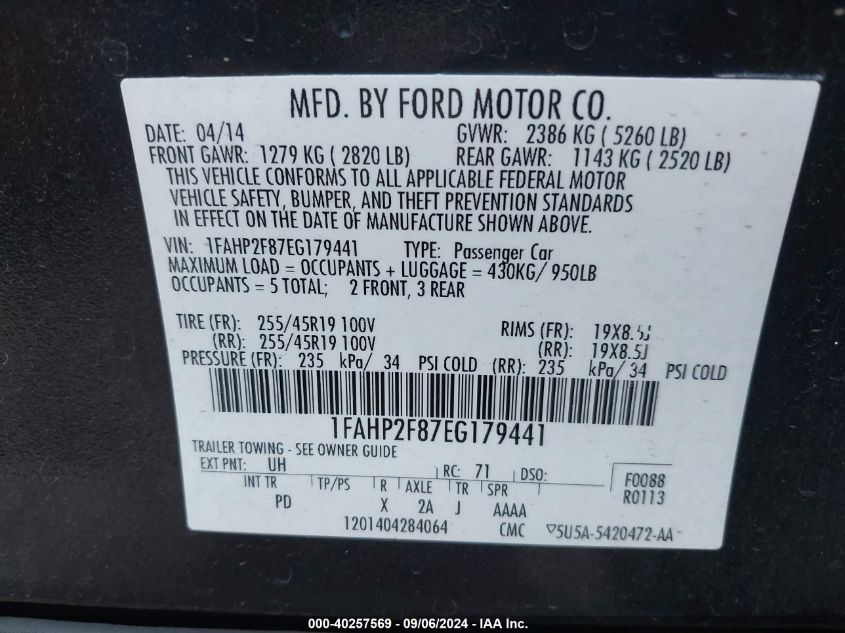 2014 Ford Taurus Limited VIN: 1FAHP2F87EG179441 Lot: 40257569