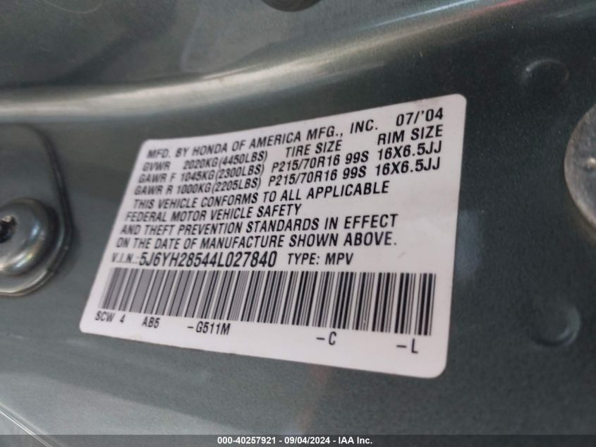 2004 Honda Element Ex VIN: 5J6YH28544L027840 Lot: 40257921