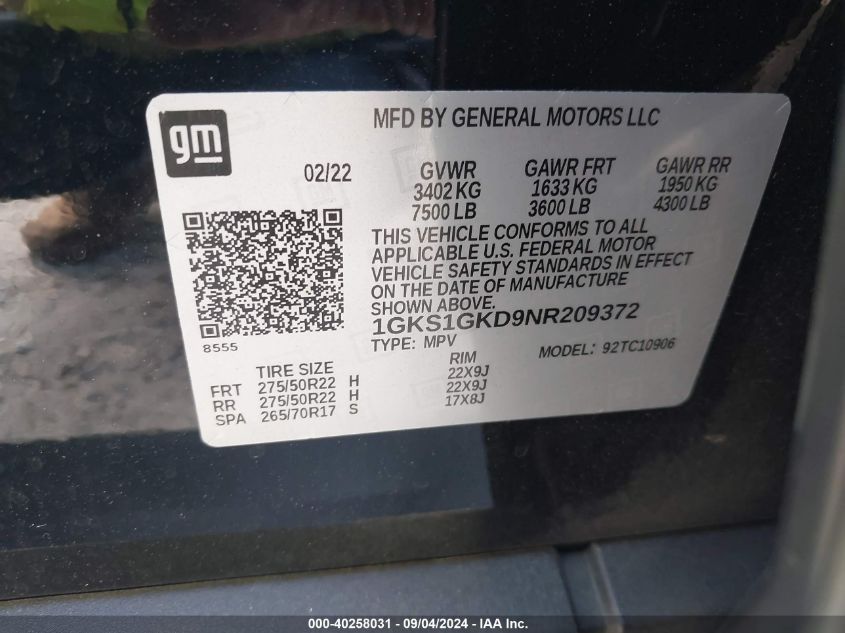 1GKS1GKD9NR209372 2022 GMC Yukon Xl 2Wd Slt