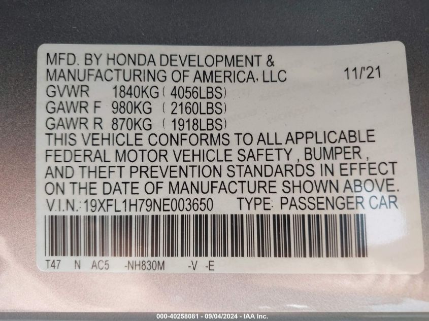 2022 Honda Civic Exl VIN: 19XFL1H79NE003650 Lot: 40258081