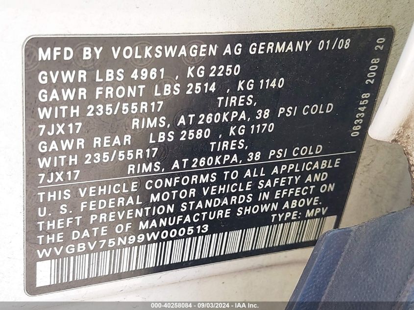 WVGBV75N99W000513 2009 Volkswagen Tiguan Se/Sel