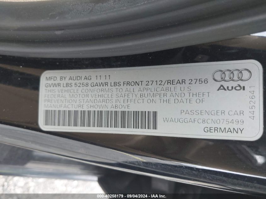 2012 Audi A6 3.0 Premium VIN: WAUGGAFC8CN075499 Lot: 40258179