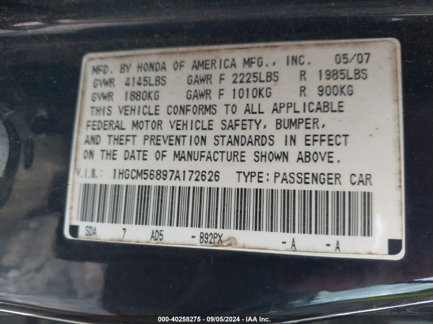 1HGCM56897A172626 2007 Honda Accord 2.4 Ex