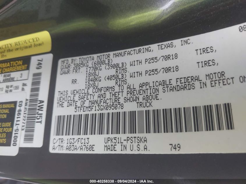 5TFEM5F13GX095078 2016 Toyota Tundra Sr5 4.6L V8