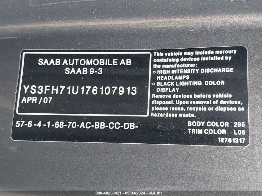 YS3FH71U176107913 2007 Saab 9-3 Aero