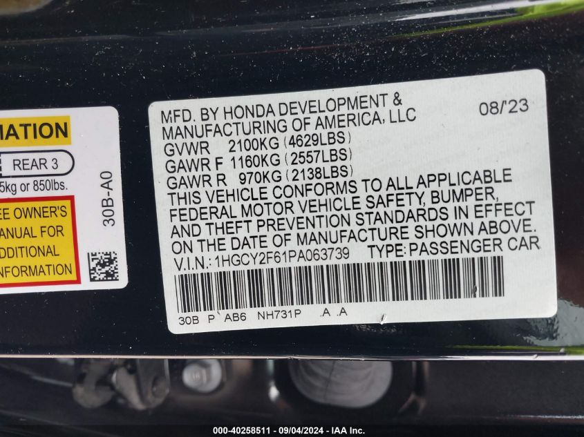 2023 Honda Accord Hybrid Exl VIN: 1HGCY2F61PA063739 Lot: 40258511