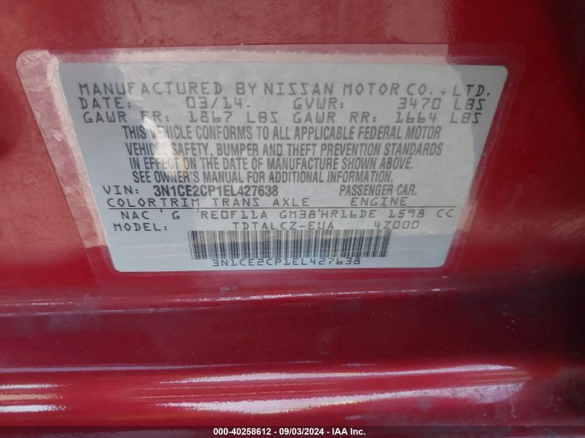 3N1CE2CP1EL427638 2014 Nissan Versa Note S Plus