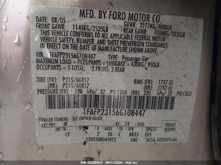 1FAFP23156G108447 2006 Ford Five Hundred Se