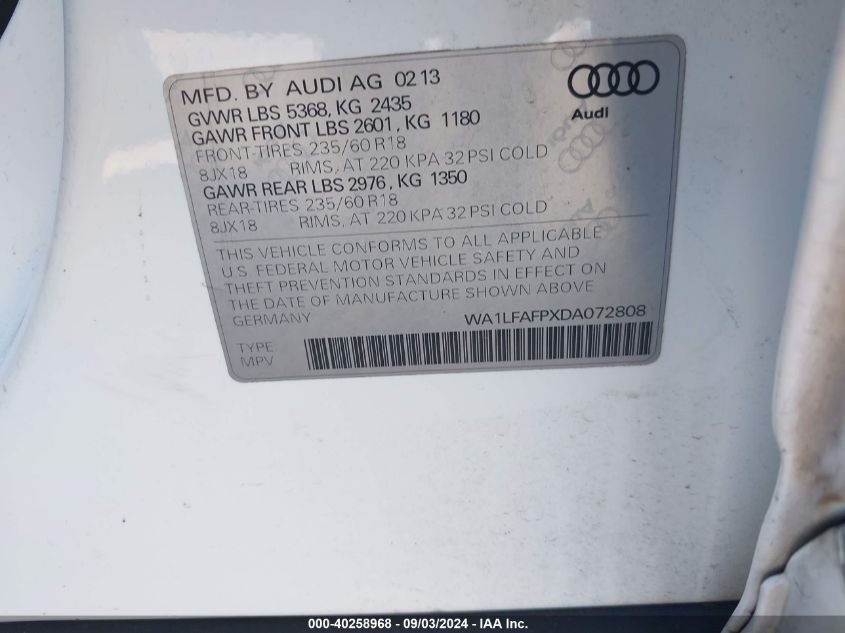 2013 Audi Q5 2.0T Premium VIN: WA1LFAFPXDA072808 Lot: 40258968