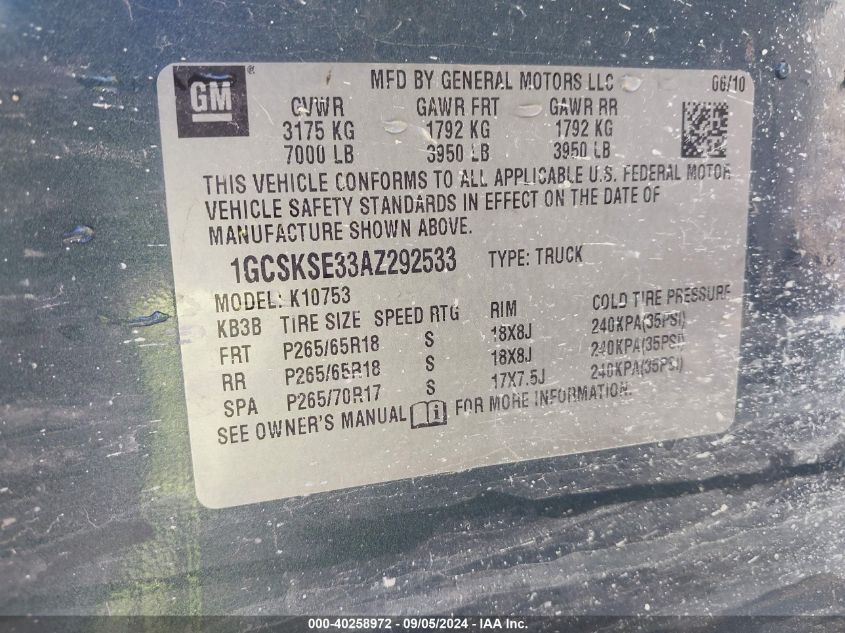 1GCSKSE33AZ292533 2010 Chevrolet Silverado K1500 Lt