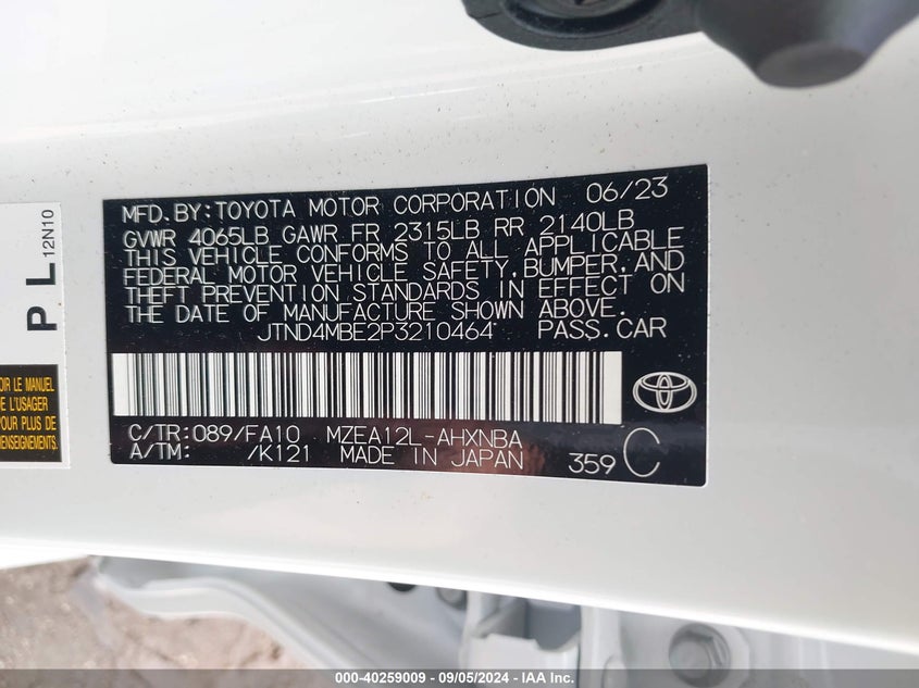 VIN JTND4MBE2P3210464 2023 TOYOTA COROLLA SE