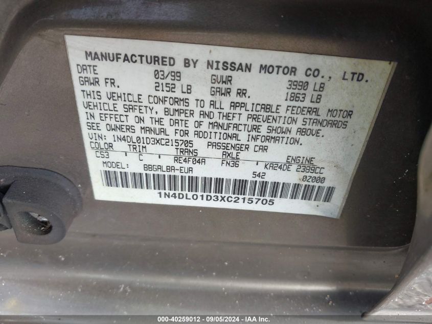 1999 Nissan Altima Xe/Gxe/Se/Gle VIN: 1N4DL01D3XC215705 Lot: 40259012