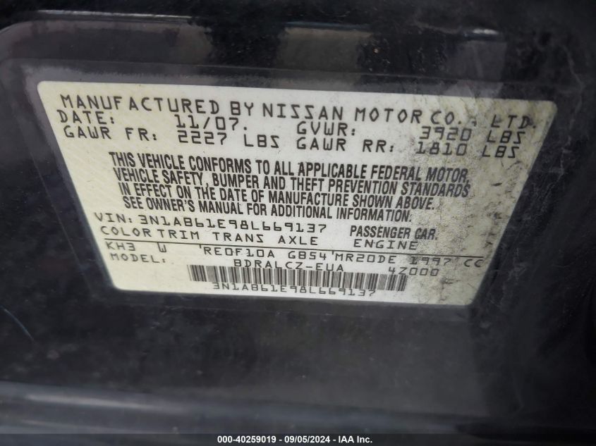 2008 Nissan Sentra 2.0/2.0S/2.0Sl VIN: 3N1AB61E98L669137 Lot: 40259019