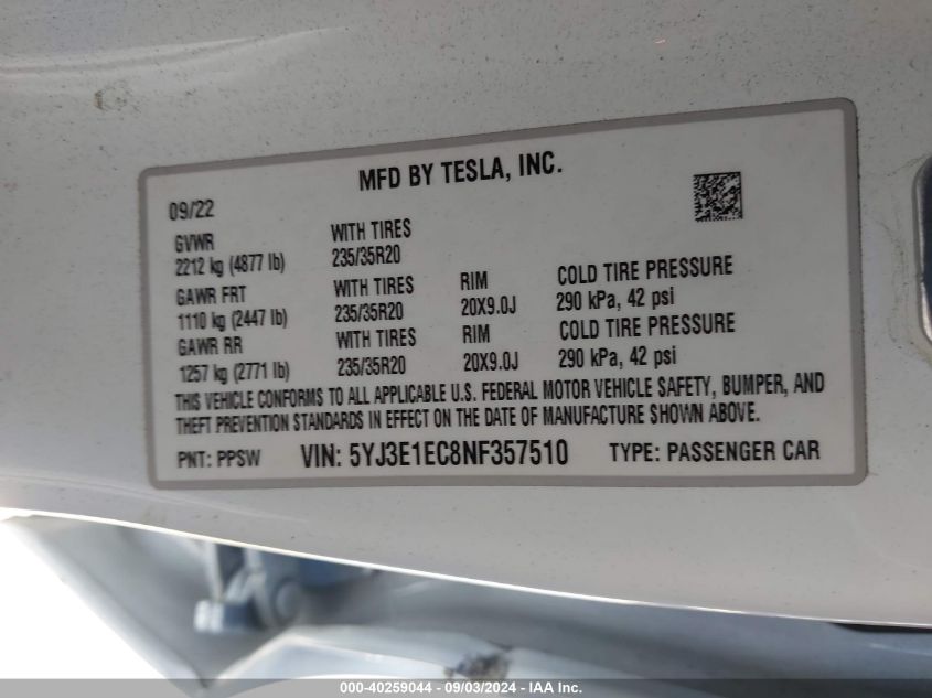 2022 Tesla Model 3 Performance Dual Motor All-Wheel Drive VIN: 5YJ3E1EC8NF357510 Lot: 40259044