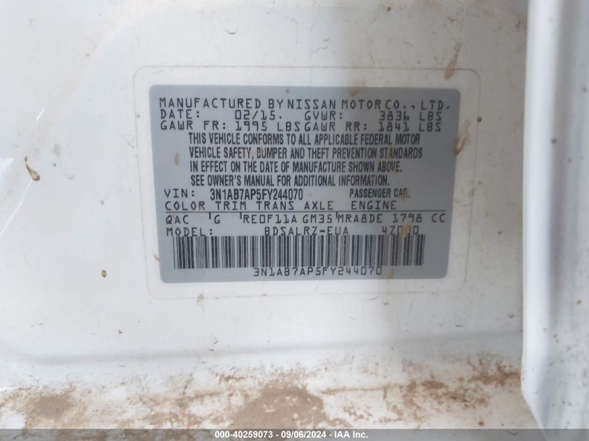 VIN 3N1AB7AP5FY244070 2015 NISSAN SENTRA no.9